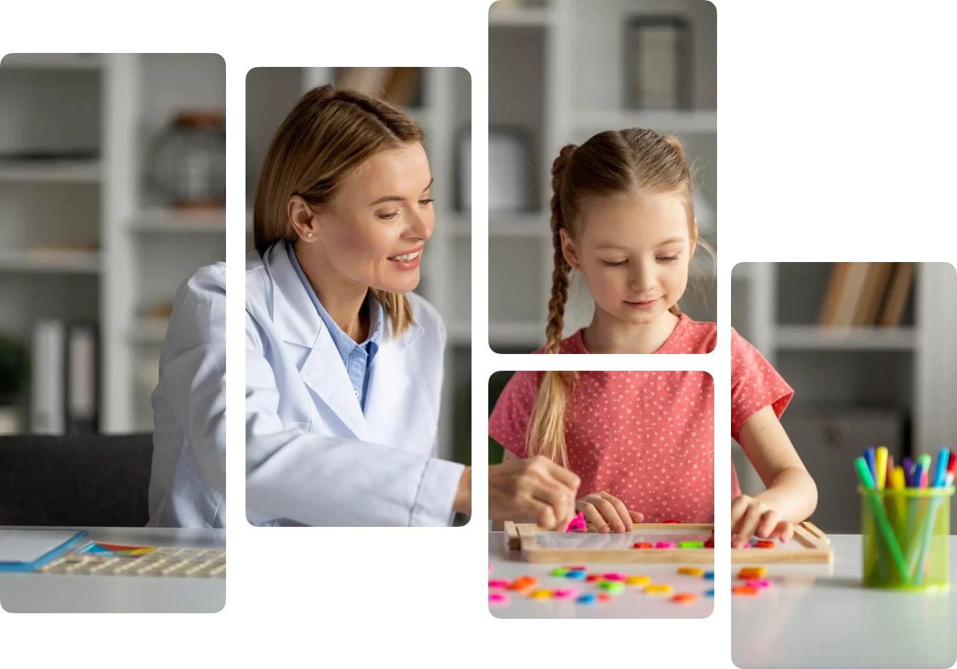 Teacher holding a pencil and student as child, making fun of pencil by placing it above lips by pouting.