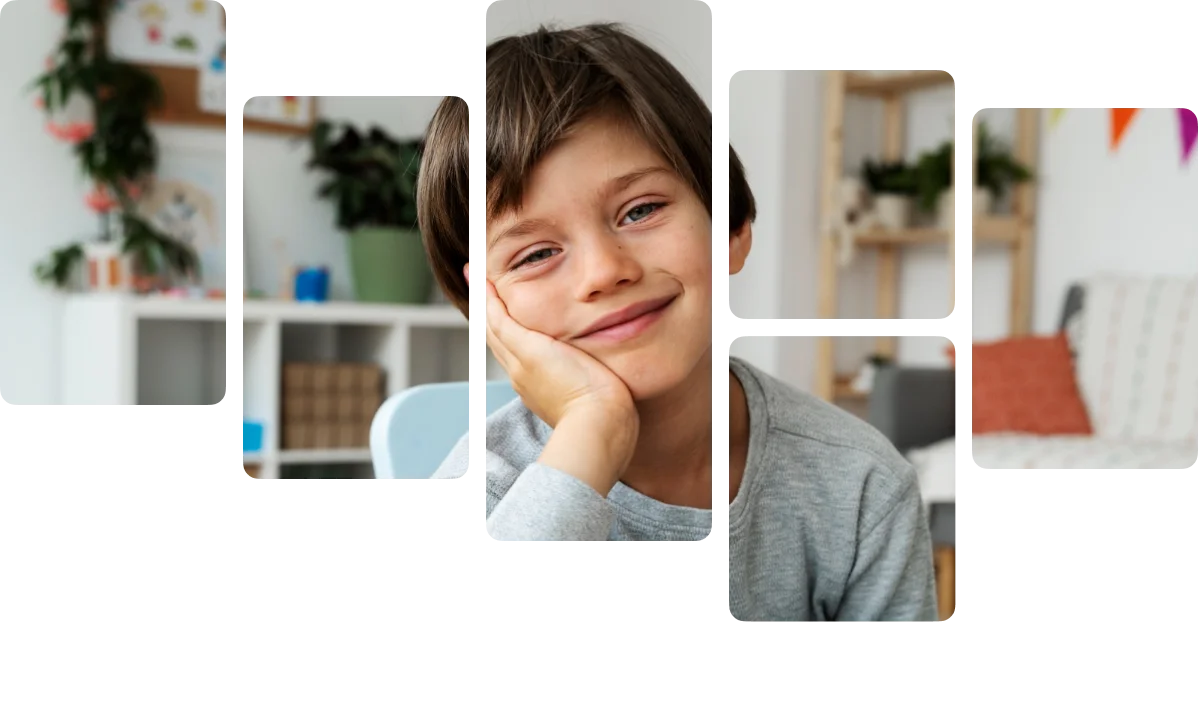 Teacher holding a pencil and student as child, making fun of pencil by placing it above lips by pouting.