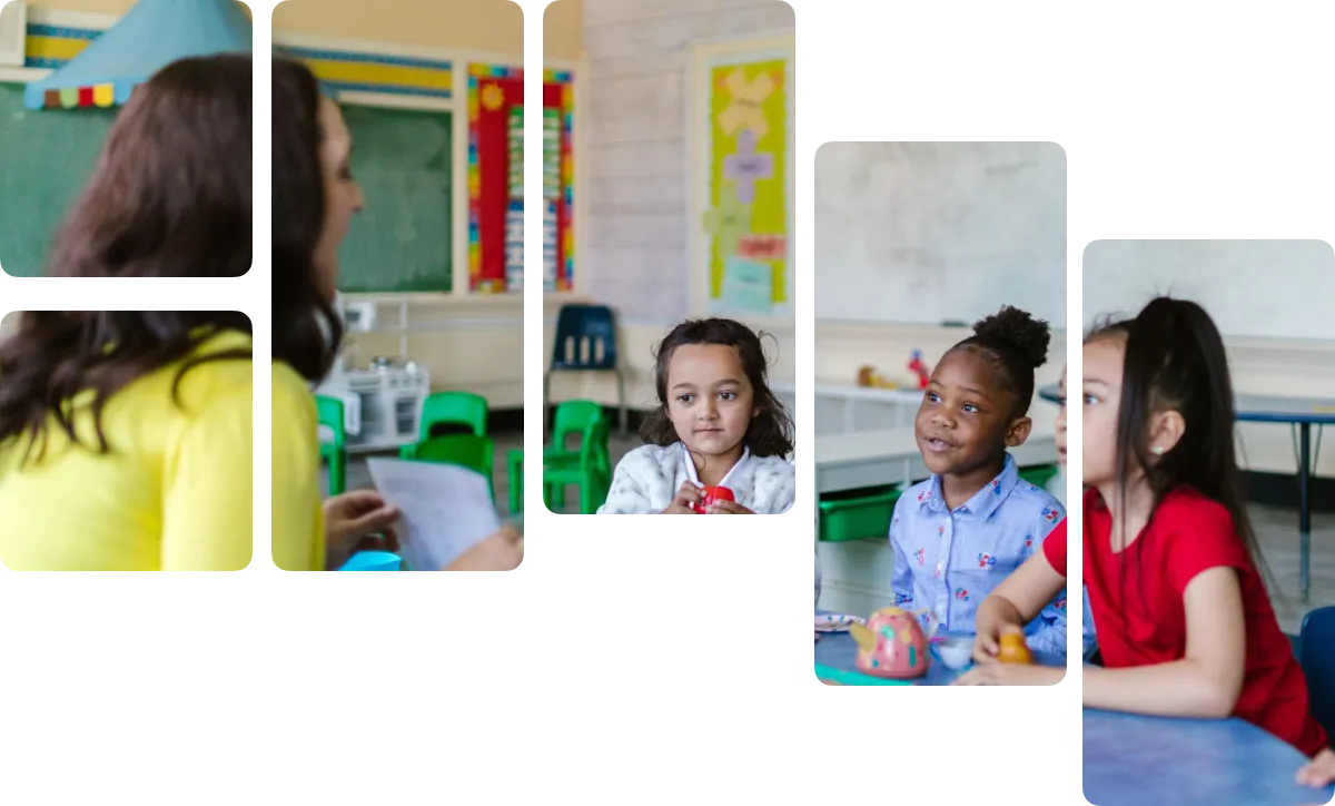 Teacher holding a pencil and student as child, making fun of pencil by placing it above lips by pouting.
